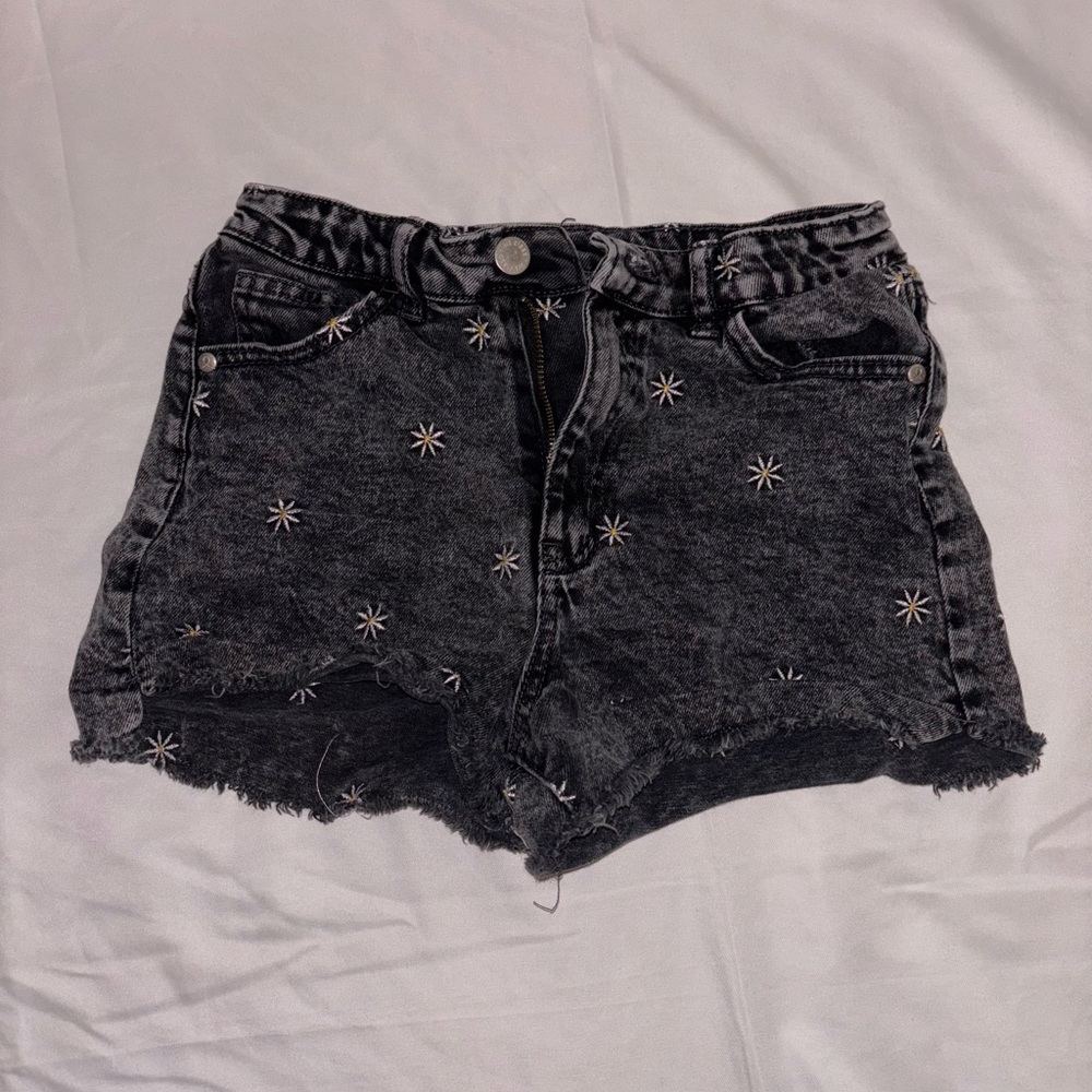 Embroidered Black Denim Shorts